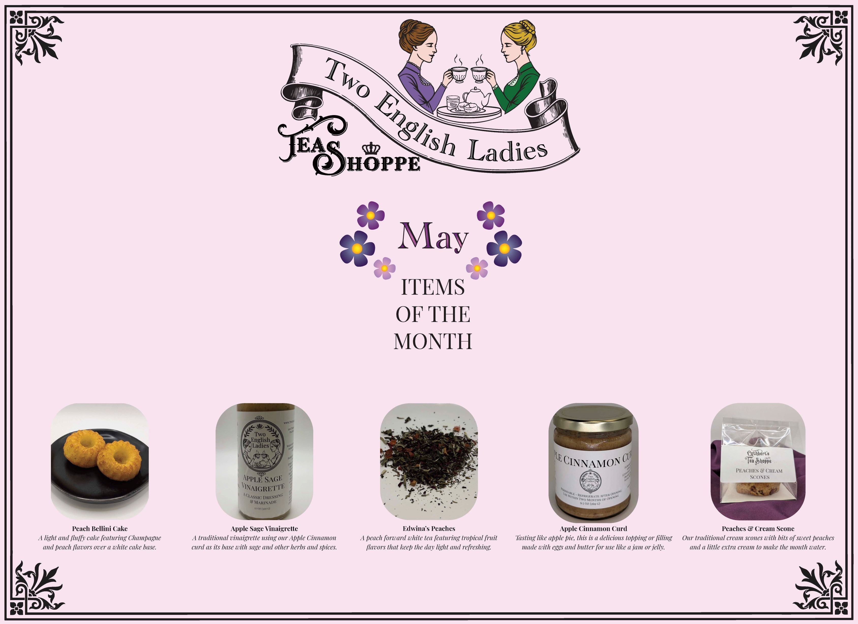 Newsletter page with a pink background featuring May's monthly products, the Two English Ladies Logo, and a decorative frame.
