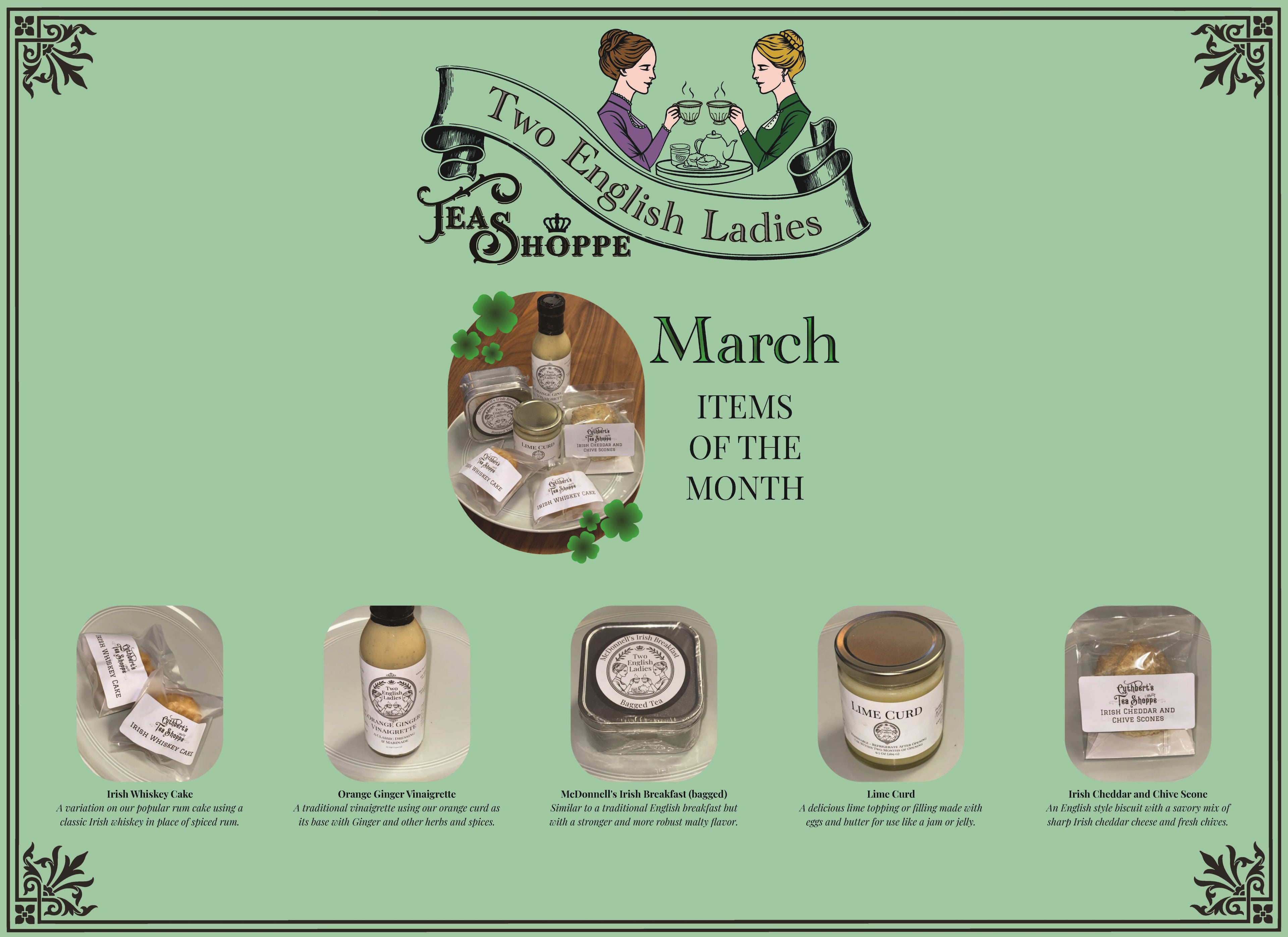 Newsletter page with a green background featuring March's monthly products, the Two English Ladies Logo, and a decorative frame.